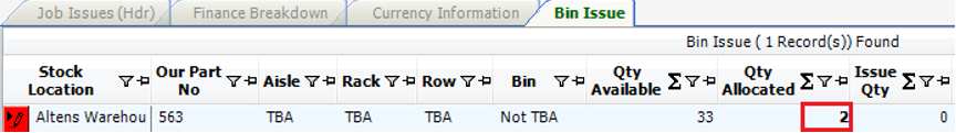 Bin Issue Qty Allocated