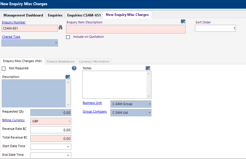 New Enquiry Misc Charges