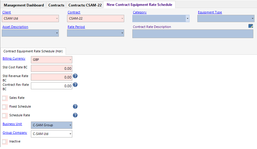 New Contract Equipment Rate Schedule